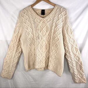 Cream V-Neck Cable Knit Sweater